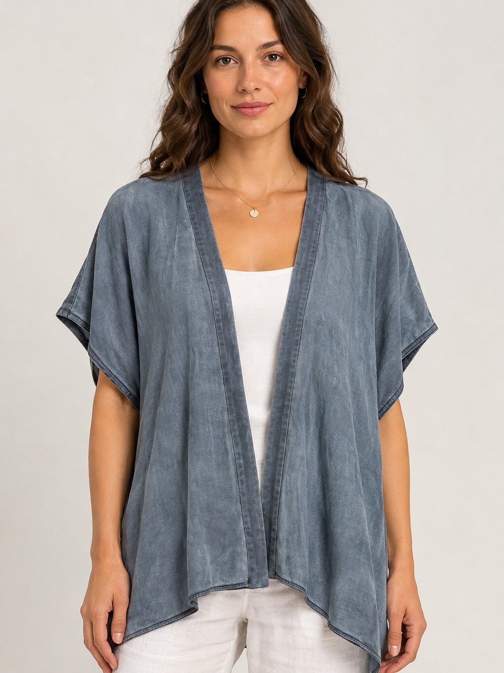 Talula Washed Chambray Blue Open-Front Oversized Tunic Cardigan